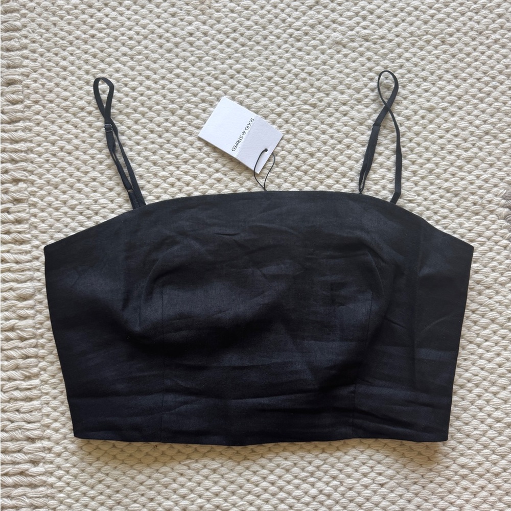 New Boutique Crop Black 100% Linen Top